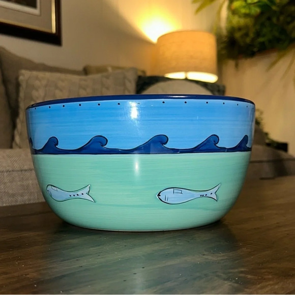 KIC Brushes Hand Painted Earthenware K.I.C. 10” Large Serving Salad Bowl - Picture 2 of 15